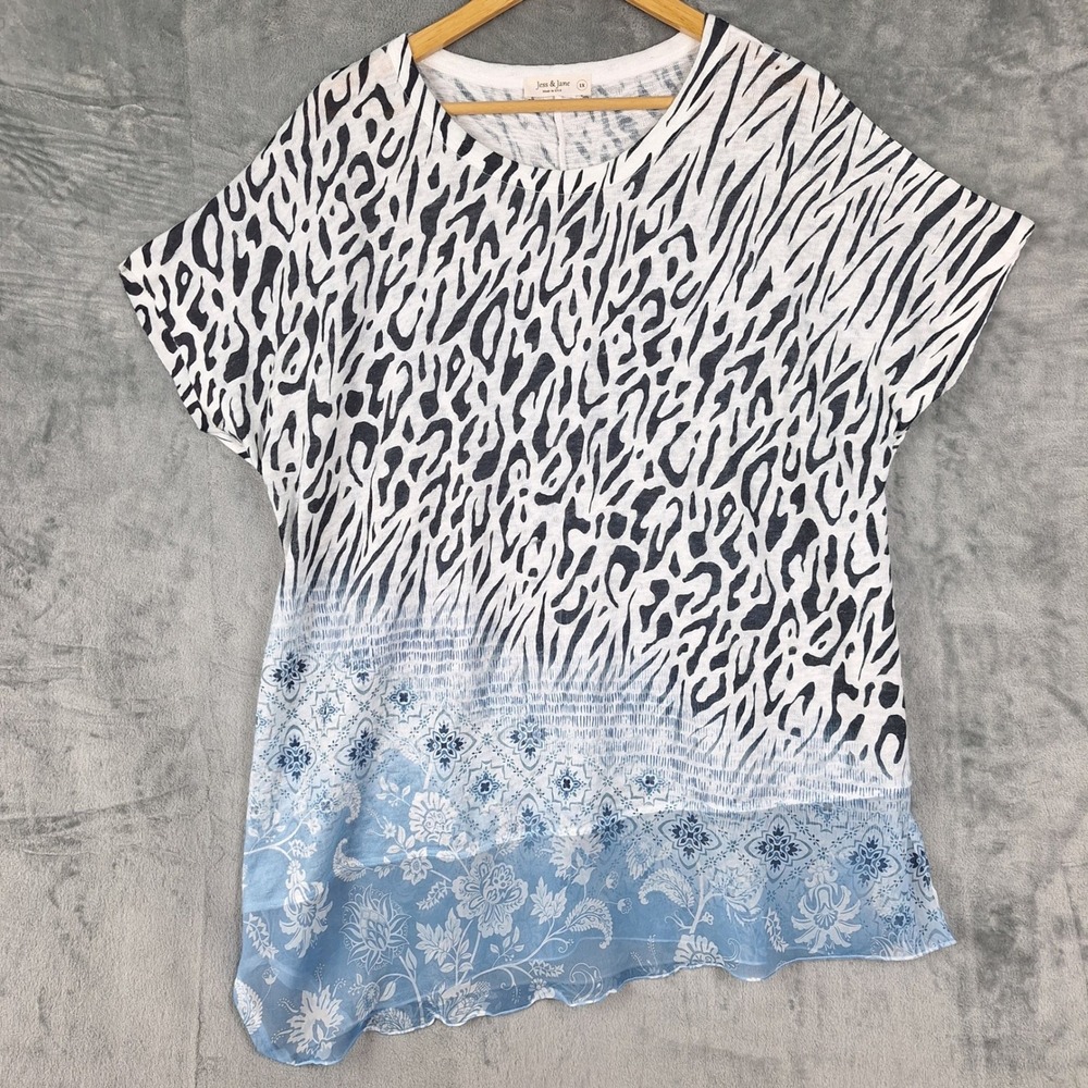Jess & Jane Top 1X Artsy Animal Print Floral Asymmetrical Patchwork Casual Boho